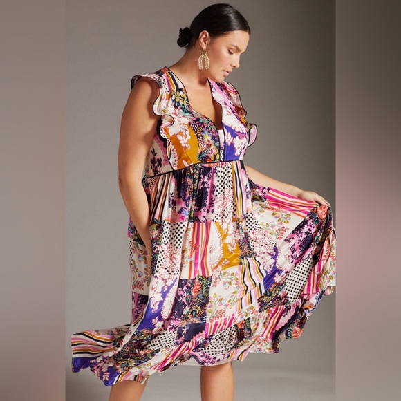 Anthropologie Dresses & Skirts - Anthropologie Floral Patchwork Midi Dress in Pink, Purple, Mustard
